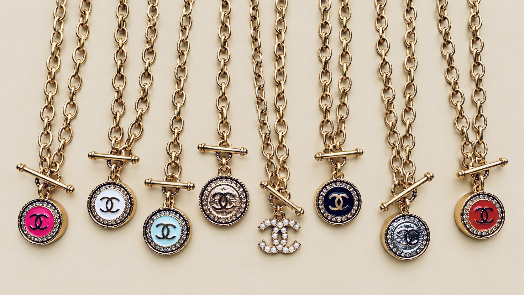 Enamel button toggle necklaces in gold plated bezels