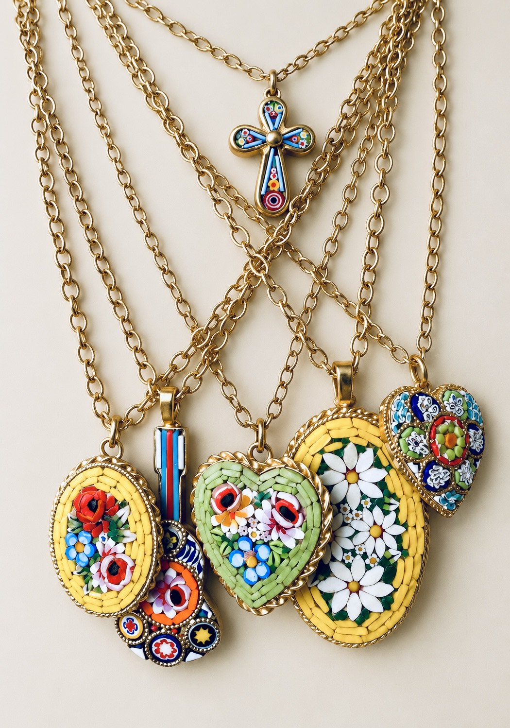 Italian micro mosaic pendants on gold chains