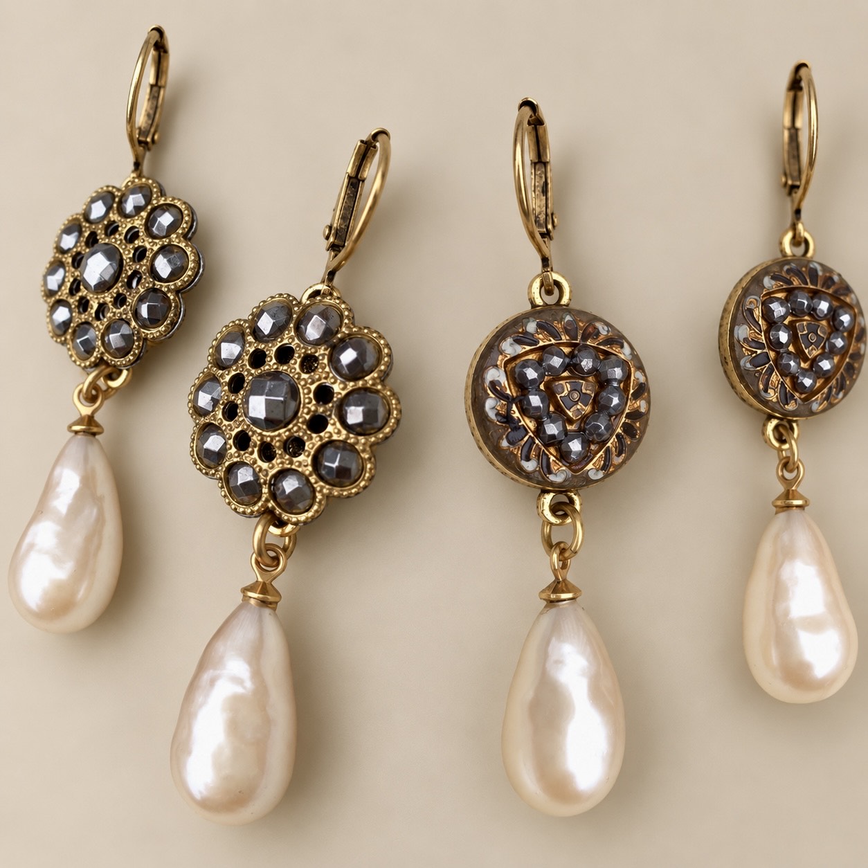 Cut-steel button earrings paired with baroque pearls