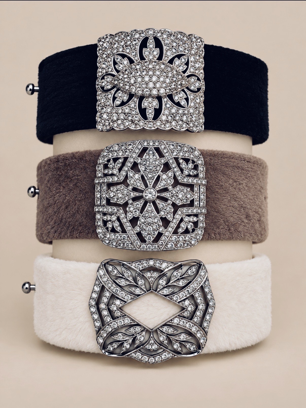 Mink and leather cuff bracelets with antique shoe buckles