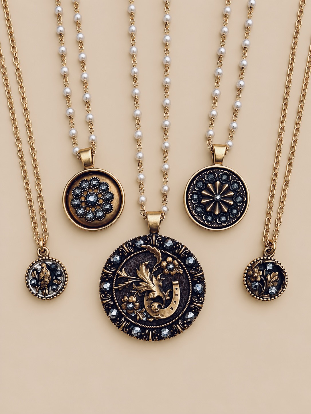 Cut-steel button necklaces on pearl and gold chains