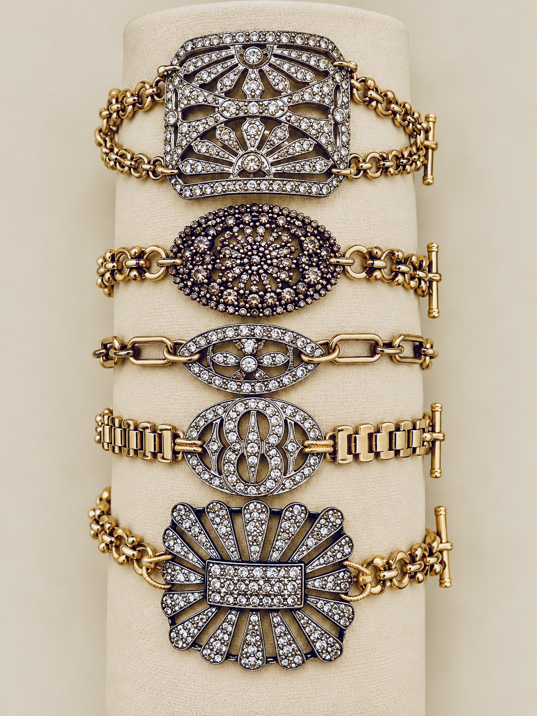 Antique buckle bracelets on vintage chain