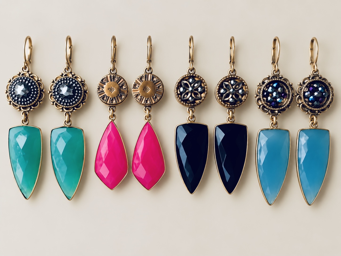 Button earrings paired with hand-cut gemstones